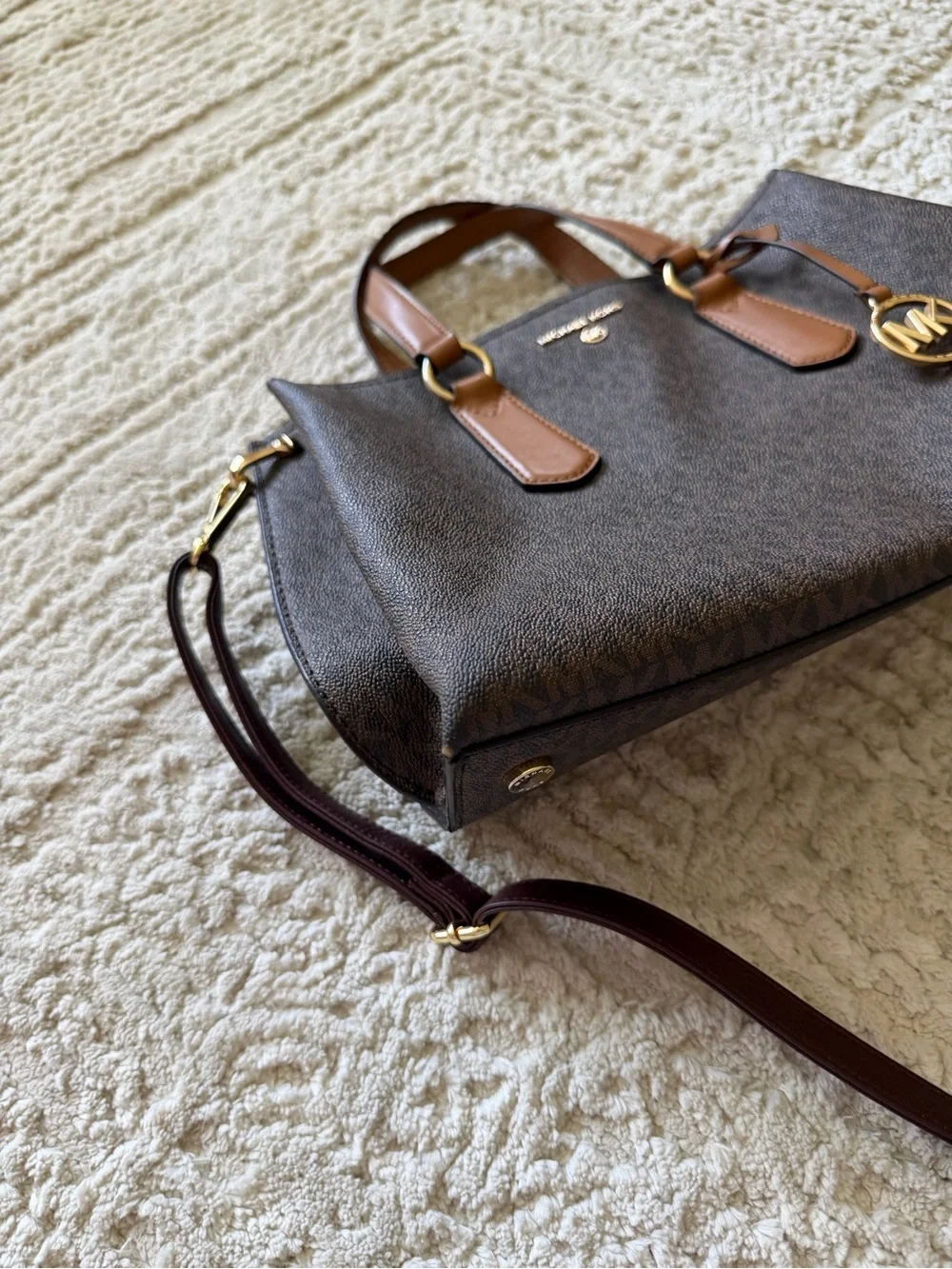 Michael Kors Emma Medium Signature Satchel Crossbody Brown Leather